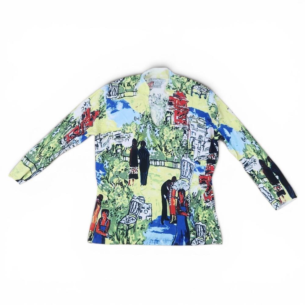 Vtg Alberto Makali Embellished People City Long Sleeve Top Large AOP Multi-color